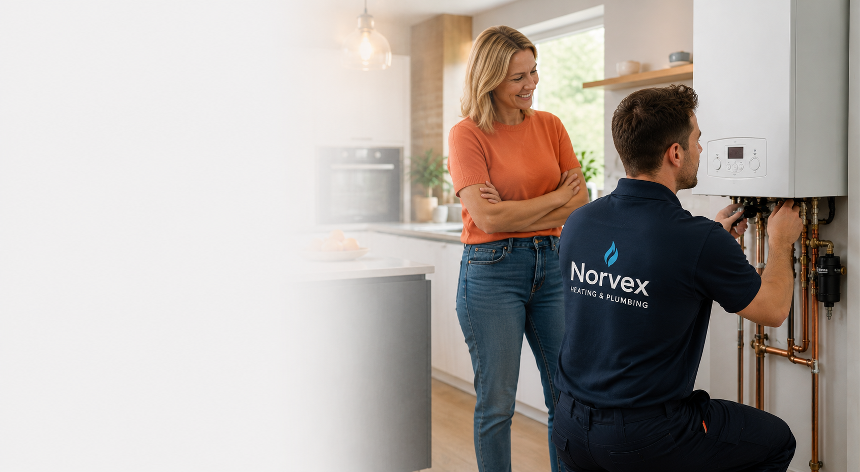 Norvex heating engineer installing a boiler in a North London kitchen